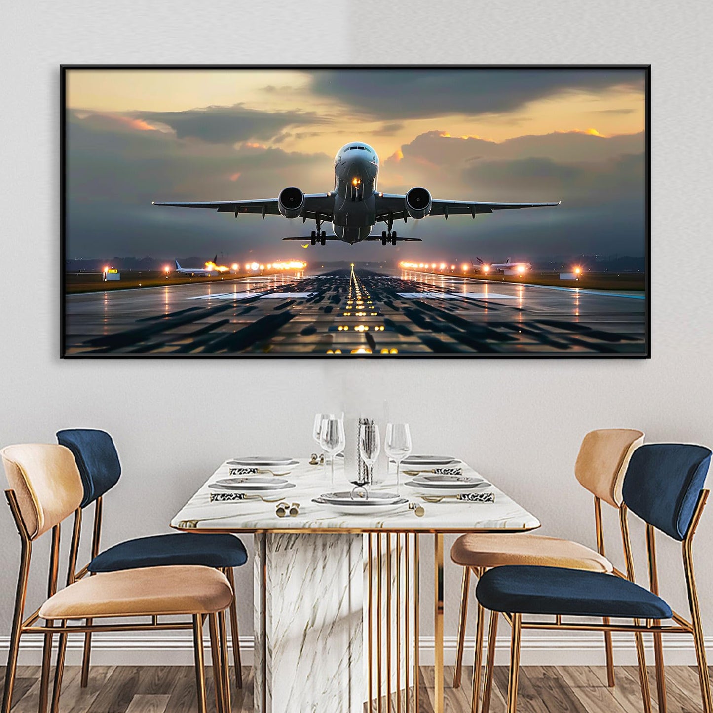 JiffPom Airplane Canvas Wall Art, Taking Off, Aircraft, Aviation, Airport, Airplane Pictures, Home Office Decor, Pilot Gift (Black Frame, 39"x19" | 100x50cm)