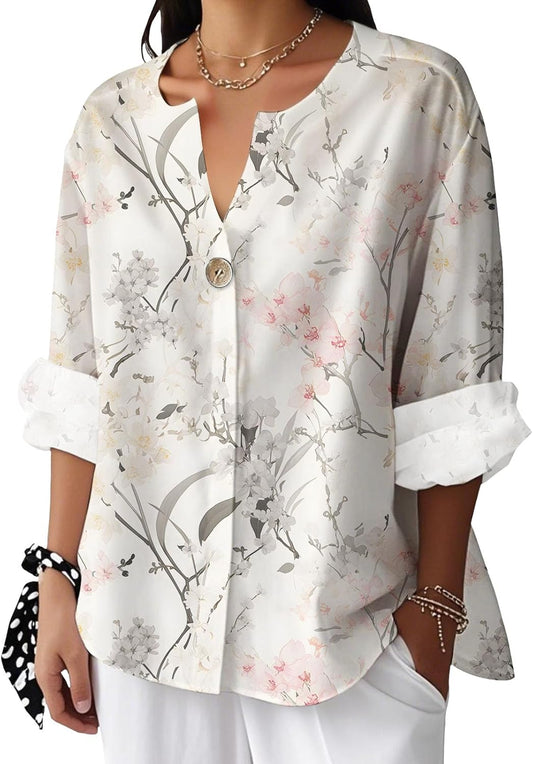 Embryform Tunic Shirts for Women Oversized Linen Button Down Floral Printed Vintage 3/4 Sleeve Boho V Neck Casual Work Blouse