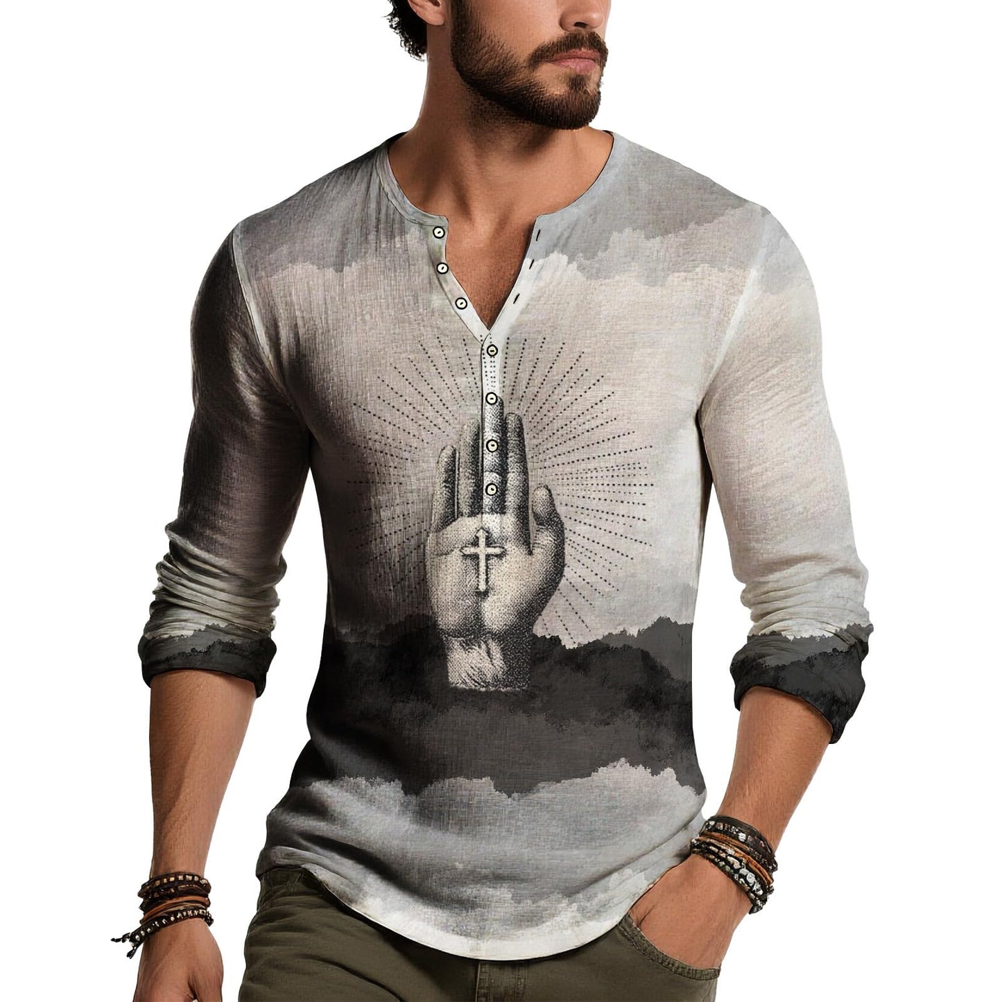 JiffPom Distressed Henley Tshirts for Men Pullover Long Sleeve Button Up T-Shirts Vintage Graphic Tees Washed Streetwear Tops