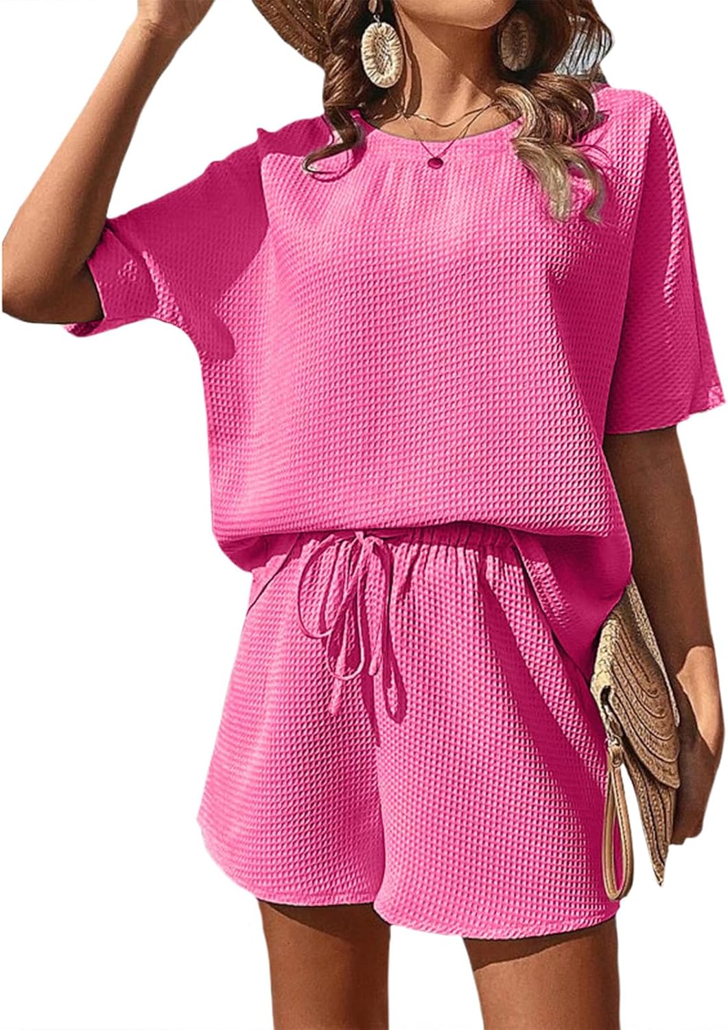 NAILONG 2 Piece Lounge Set for Women, Waffle Knit Short Sleeve Crew Neck Shirts & Drawstring Shorts Casual Pajama Sets