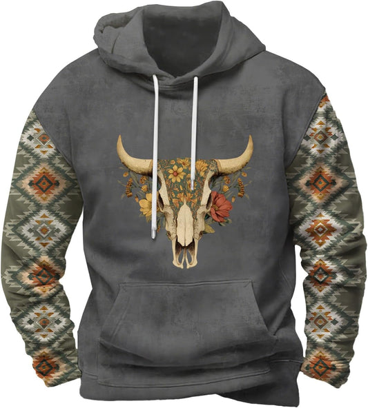FONDBERYL Mens Aztec Hoodies Western Cowboy Hooded Sweatshirt Vintage Graphic Print Fashion Pullover Tops with Pocket