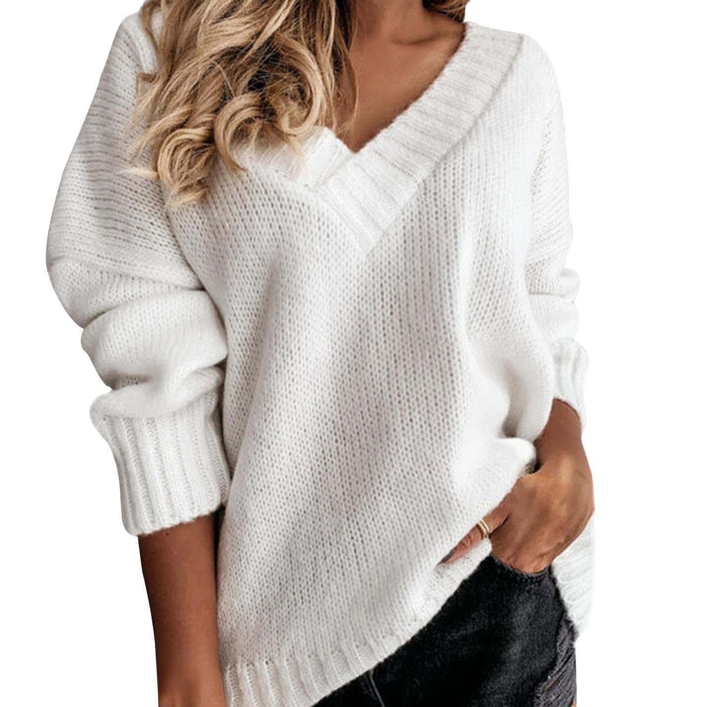 GYMTSL Women's Winter Sweater 2025 Fall Casual Timeless Long Sleeve Solid V Neck Chunky Sweater Pull Over Tops