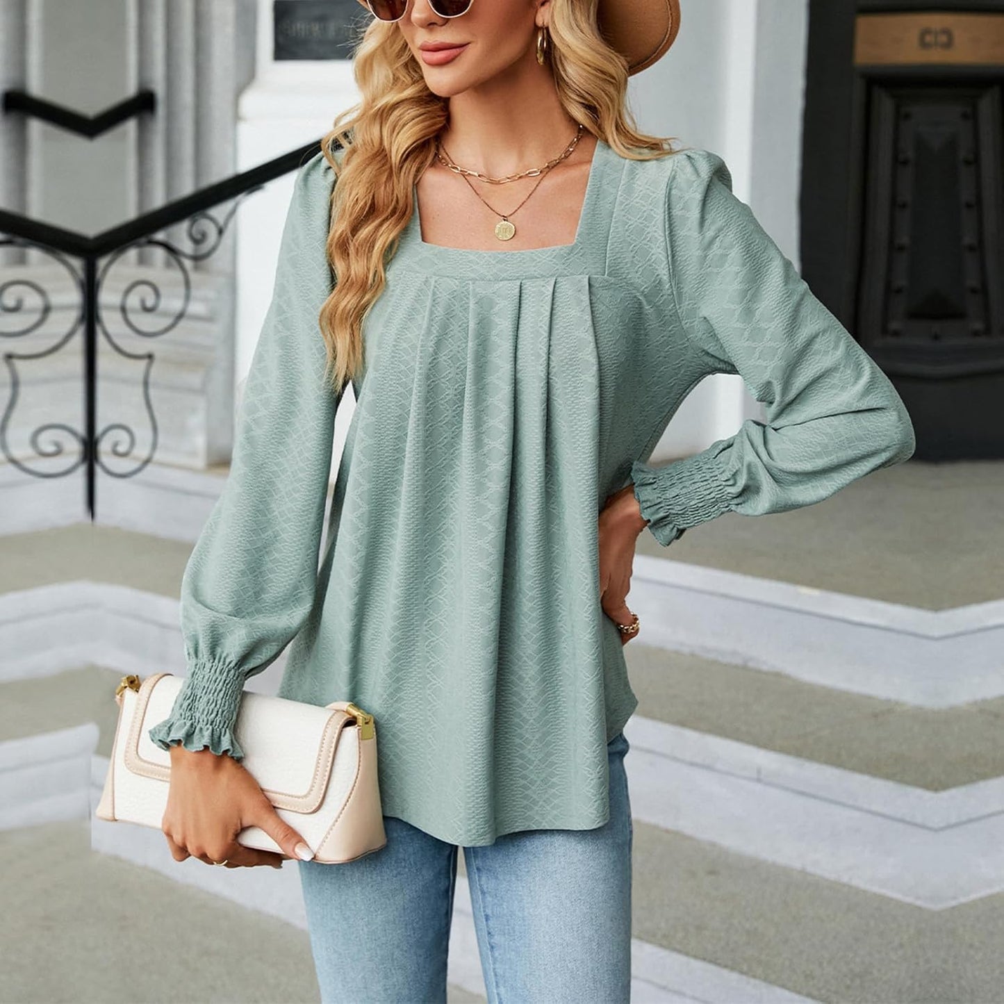 Befox Square Neck Pleated Tops for Women, Flowy Tunic Blouse Puff Sleeve Lightweight Loose Dressy Casual Pleated Shirt