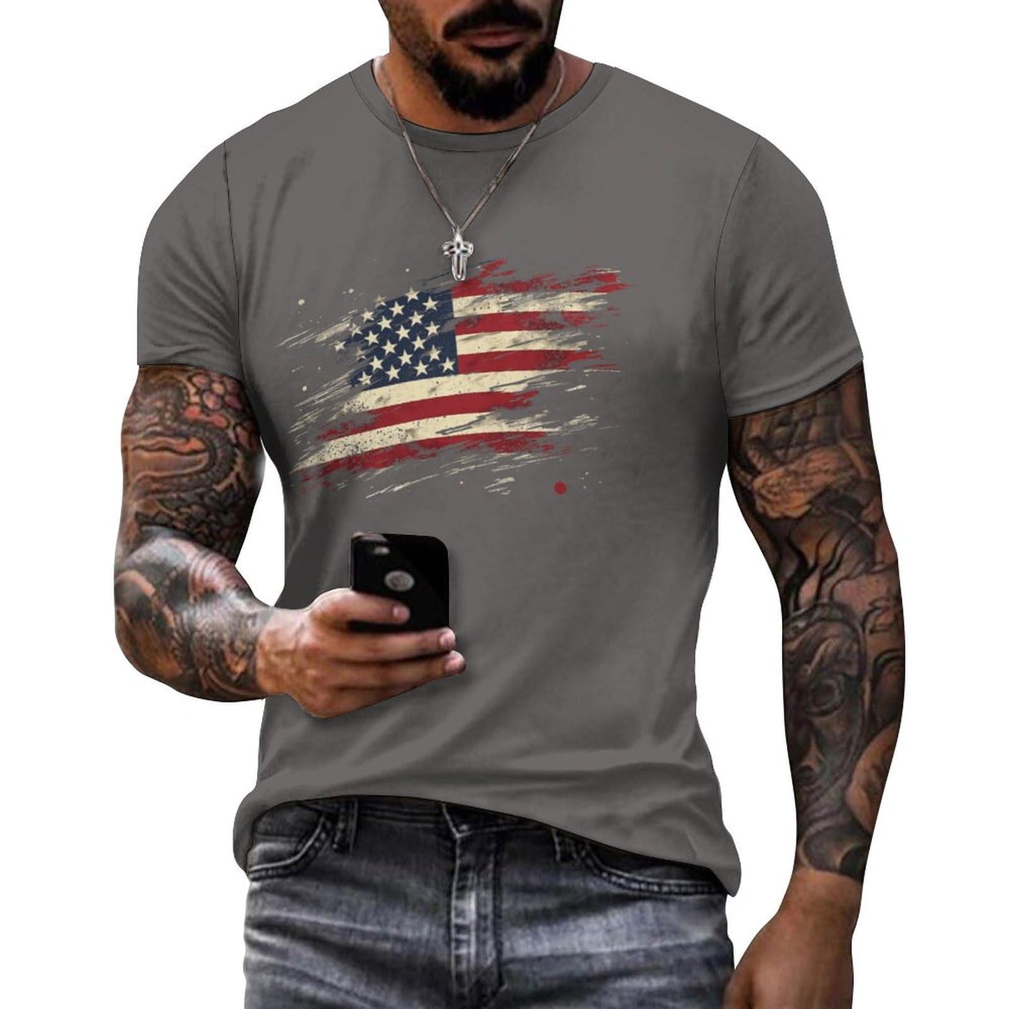 NAVARCH American Flag Shirt for Men Short Sleeve Crewneck Casual Stylish Summer Shirts Graphic Skull Print T-Shirt Tops