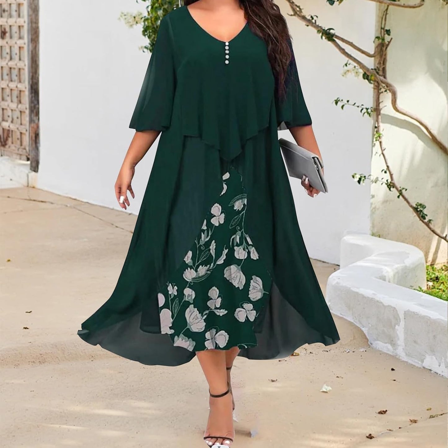 FONDBERYL Flowy Chiffon Floral Maxi Dress for Women V Neck Half Sleeve Ruffle Plus Size Elegant Cocktail Wedding Guest Dresses