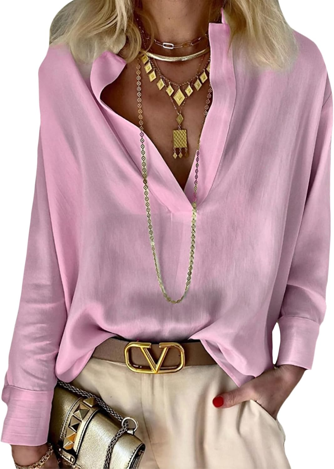 Gymrex Linen Blouse for Women 2026 Trendy Stand Collar V Neck Long Sleeve Tops Lightweight Dressy Casual Business Shirts L Pink