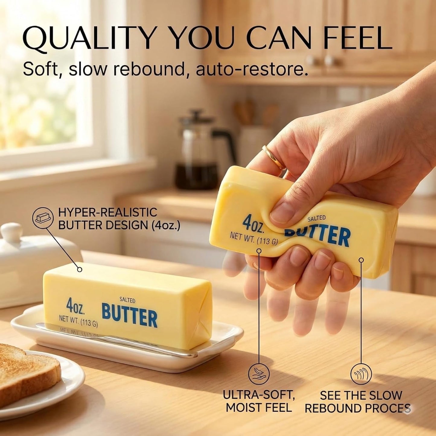 Kribee 14oz Big Butter Squishy, Giant Realistic Butter Squeeze Toys & Mini Squeezy Butter Set, Soft Slow Rising Stress Relief Fidget Toy for Stress Relief Anxiety Sensory Gifts (Yellow 2pcs,4+14oz)