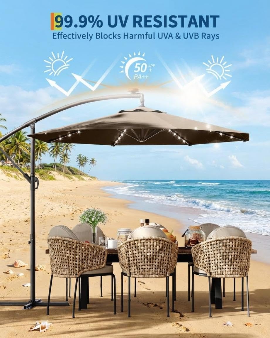 JiffPom 10FT Cantilever Patio Umbrella with Solar LED Lights - Offset Outdoor Umbrella - Easy Lift & Tilt - UV Protection - Fade Resistant - Ideal for Deck, Pool, Garden