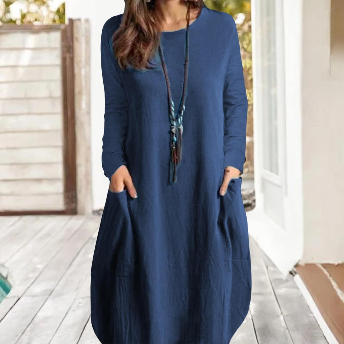 Gymrex Summer Linen Tunic Dress for Women,Long Sleeve Loose Casual Crew Neck Midi Linen Shirt Plus Size Dress with Pockets