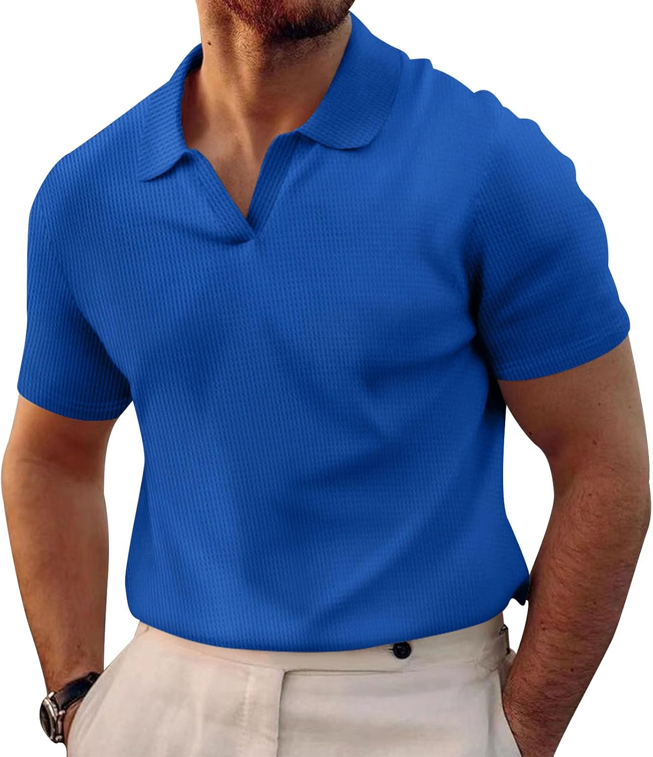 WAZZAP Polo Shirts for Men V Neck Pullover Waffle Casual Hippie Stretch Short Sleeve Business Summer Beach Workout Tops