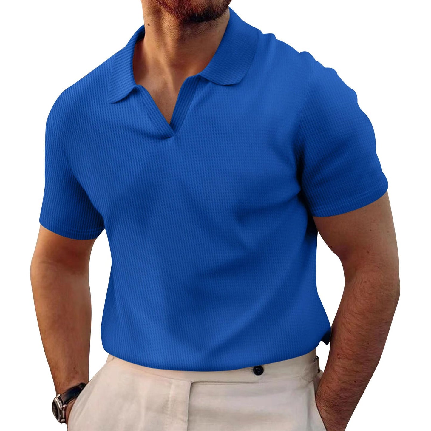 WAZZAP Polo Shirts for Men V Neck Pullover Waffle Casual Hippie Stretch Short Sleeve Business Summer Beach Workout Tops