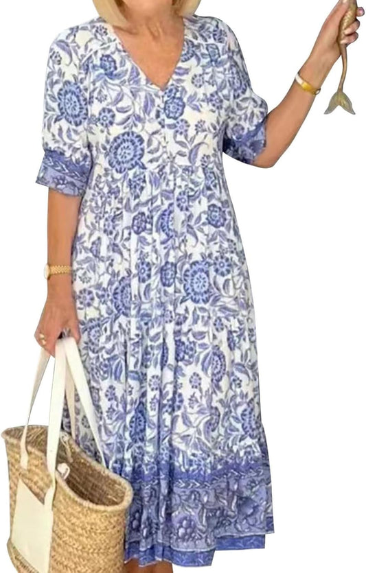 GYMDOG Elegant Flowy Flower Print Boho Maxi Dress for Women V Neck Short Sleeve Ruffle Swing Hem Dress for Wedding Guest