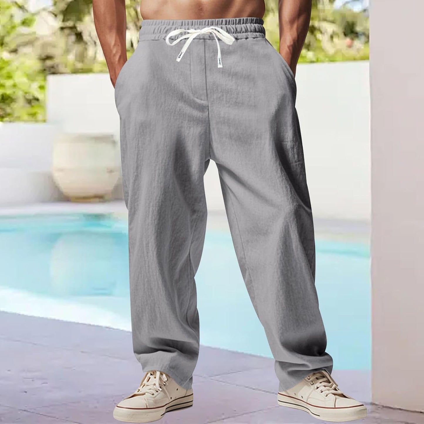 Alivebody Mens Linen Pants Straight-Legs Elastic Waist Casual Summer Beach Pants Drawstring Lightweight Trousers with Pockets