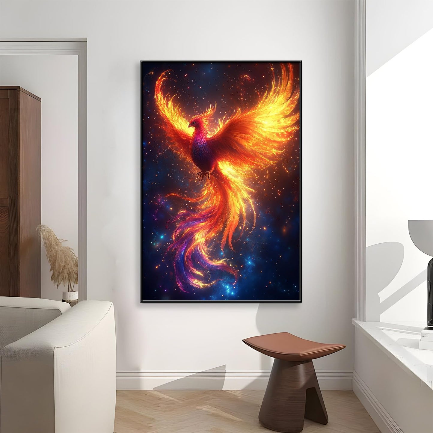 JiffPom Phoenix Rising Canvas Wall Art, Phoenix Canvas Wall Art, Phoenix Fire Bird Wall Art, Mythical Canvas Wall Art, Fantasy Phoenix Wall Decor, Inspirational Home Decor, Office Wall Art (Gold Framed, 32"x48" | 82x122cm)