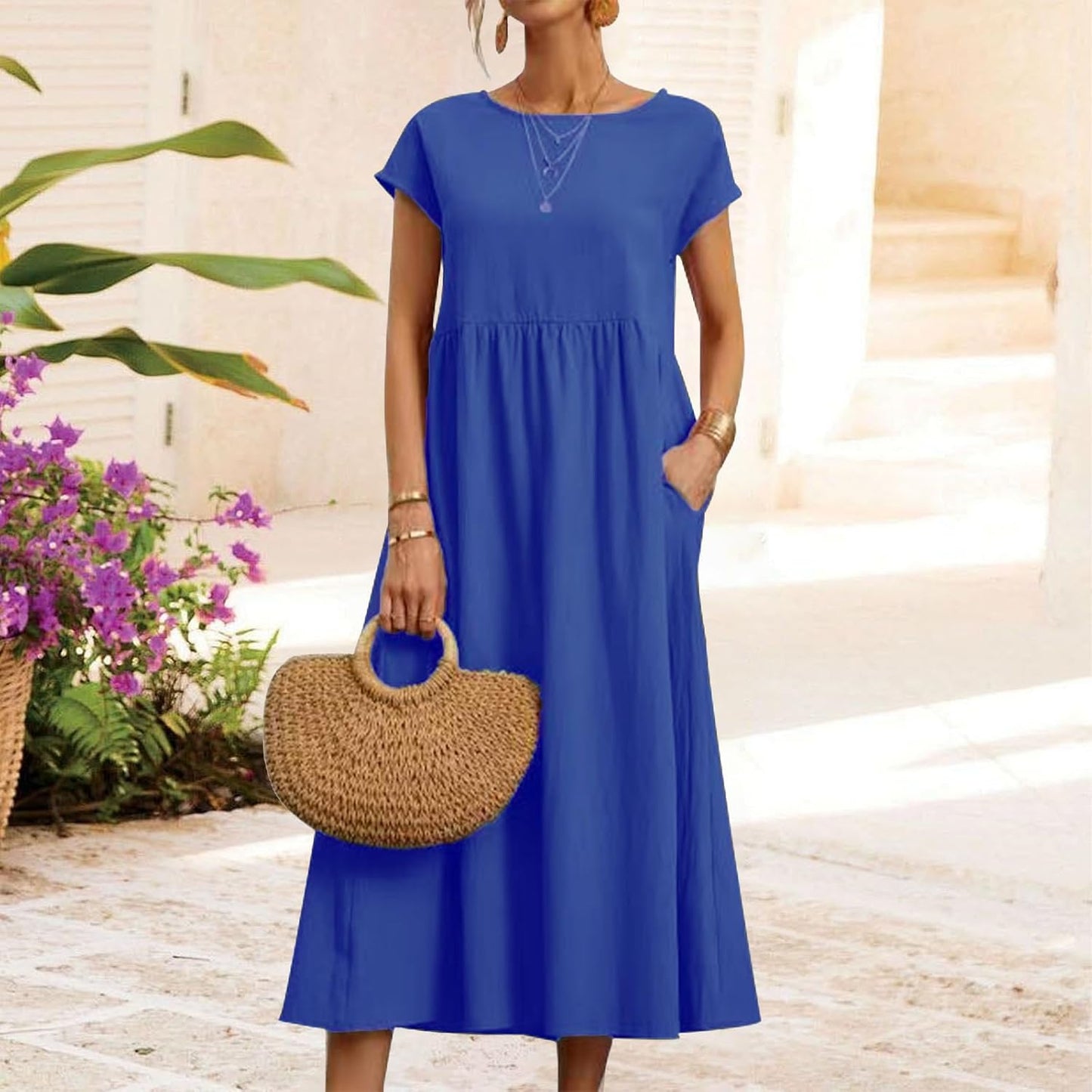 FONDBERYL Cotton Linen Dress for Women Short Sleeve Casual Crew Neck Loose Maxi Summer 2026 Beach Vacation Dress with Pockets