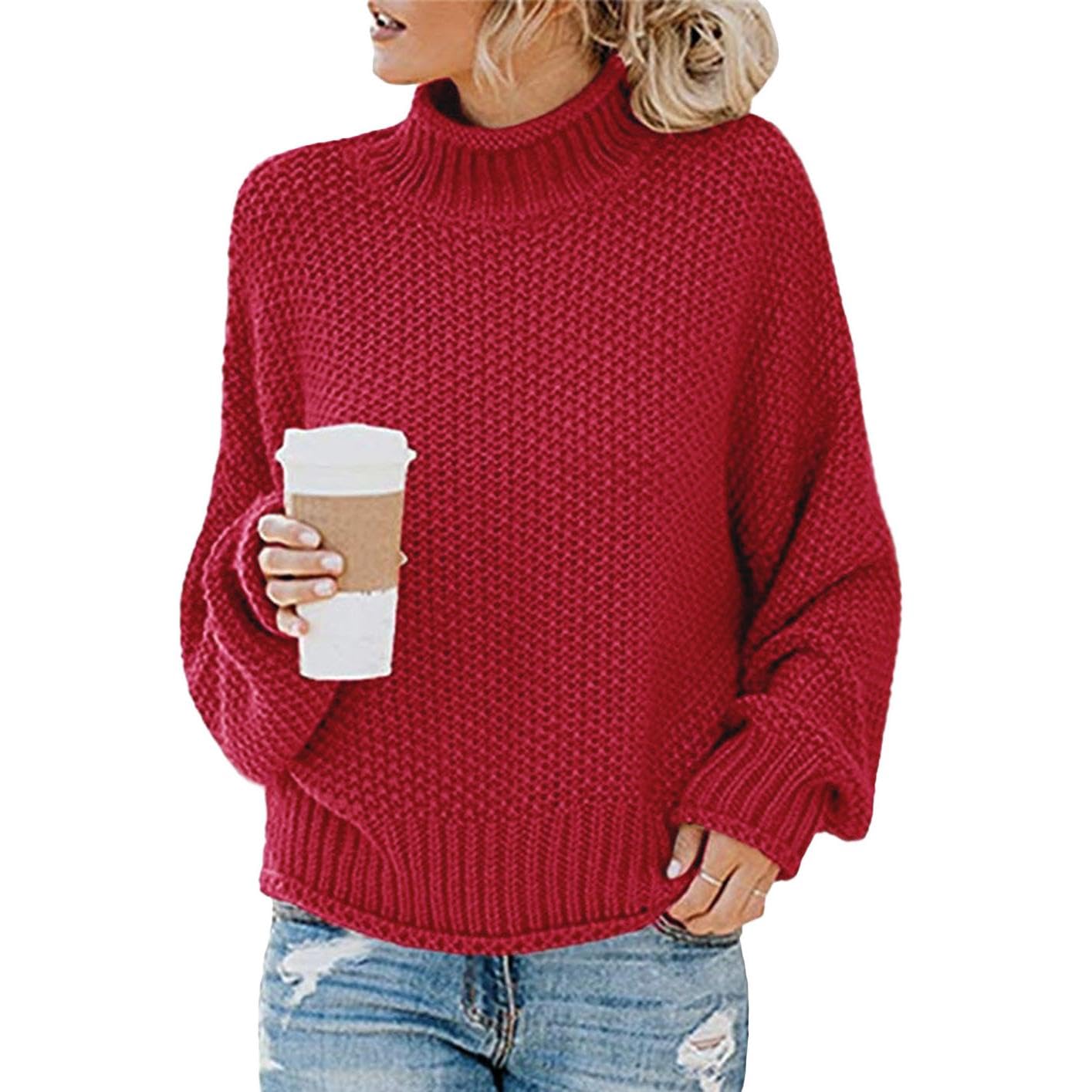 WAZZAP Women Sweater for Autumn Winter Casual Trendy Lightweight Tops Long Cuffed Sleeve Mock Neck Sweater