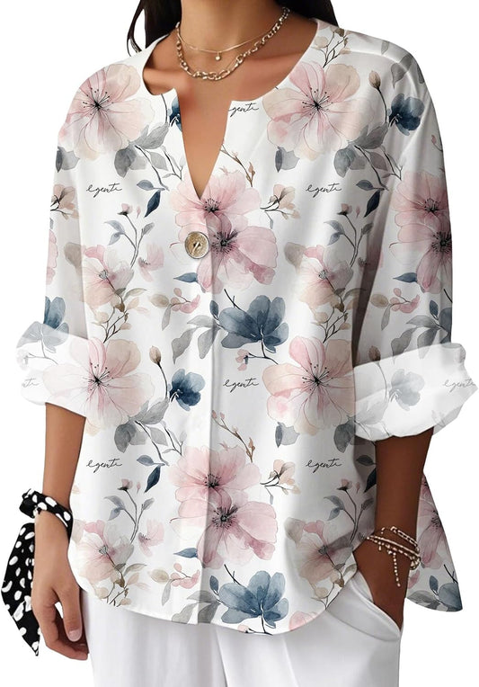 FONDBERYL Tunic Shirts for Women Oversized Linen Button Down Floral Printed Vintage 3/4 Sleeve Boho V Neck Casual Work Blouse