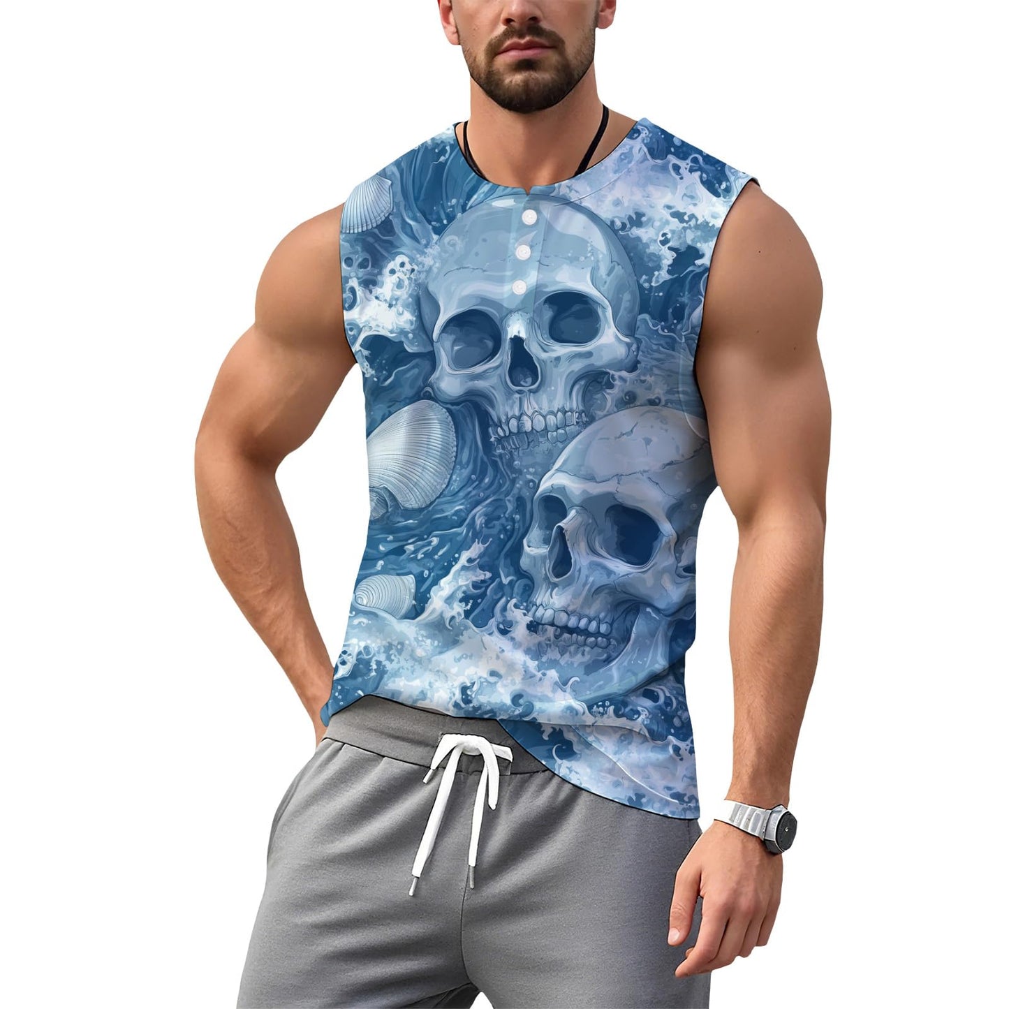 NAVARCH Mens Tank Tops for Workout Skull Print Casual Sleeveless Muscle Shirts Crewneck Loose Fit Basic Beach Top