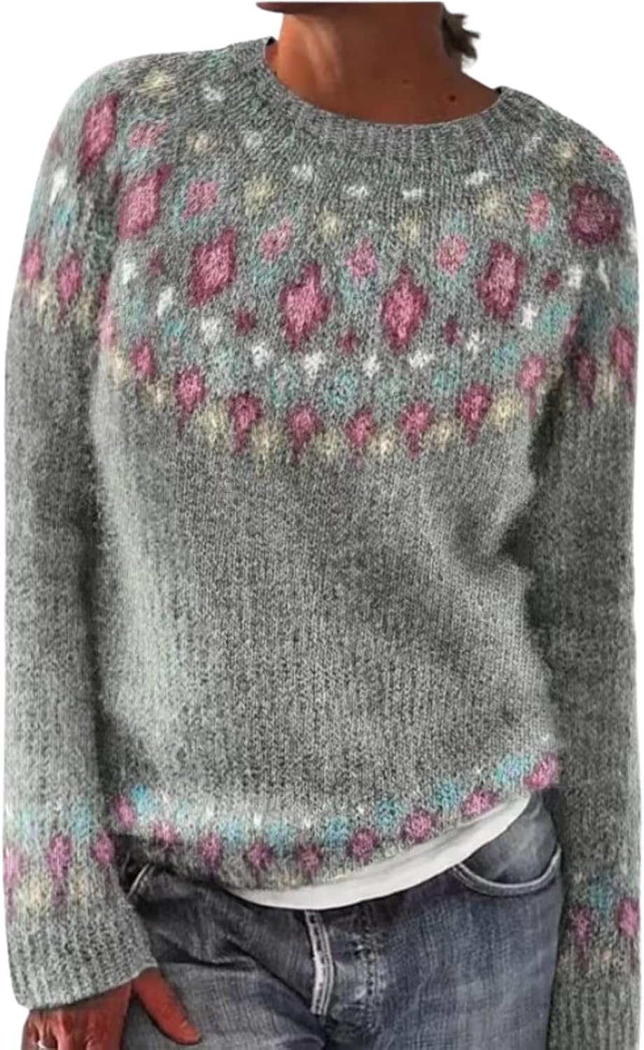 WAZZAP Fair Isle Sweater for Women Fall Winter Casual Crewneck Long Sleeve Lightweight Pullover Tops