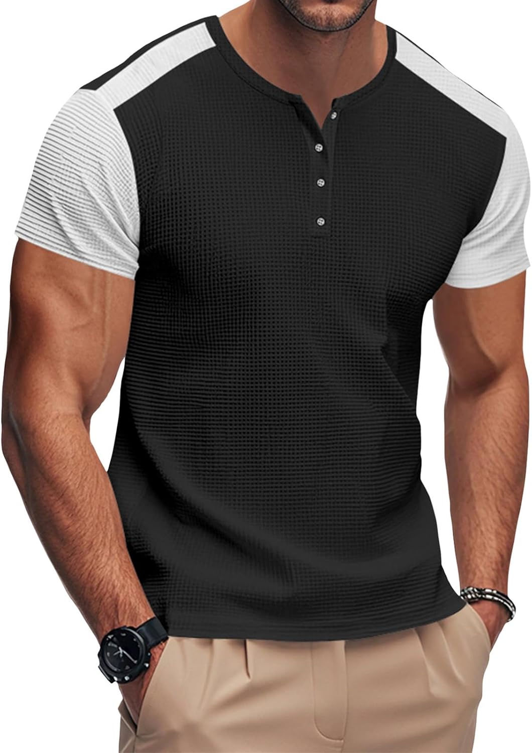 GYMDOG Mens Henley Shirts Gym Workout Athletic Shirt Tees Color Block Short Sleeve Button Crewneck Muscle Slim Fit T-Shirt