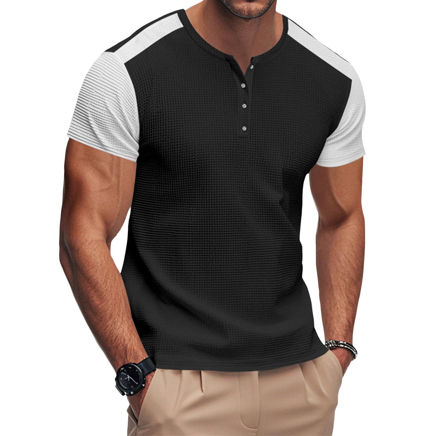 GYMDOG Mens Henley Shirts Gym Workout Athletic Shirt Tees Color Block Short Sleeve Button Crewneck Muscle Slim Fit T-Shirt