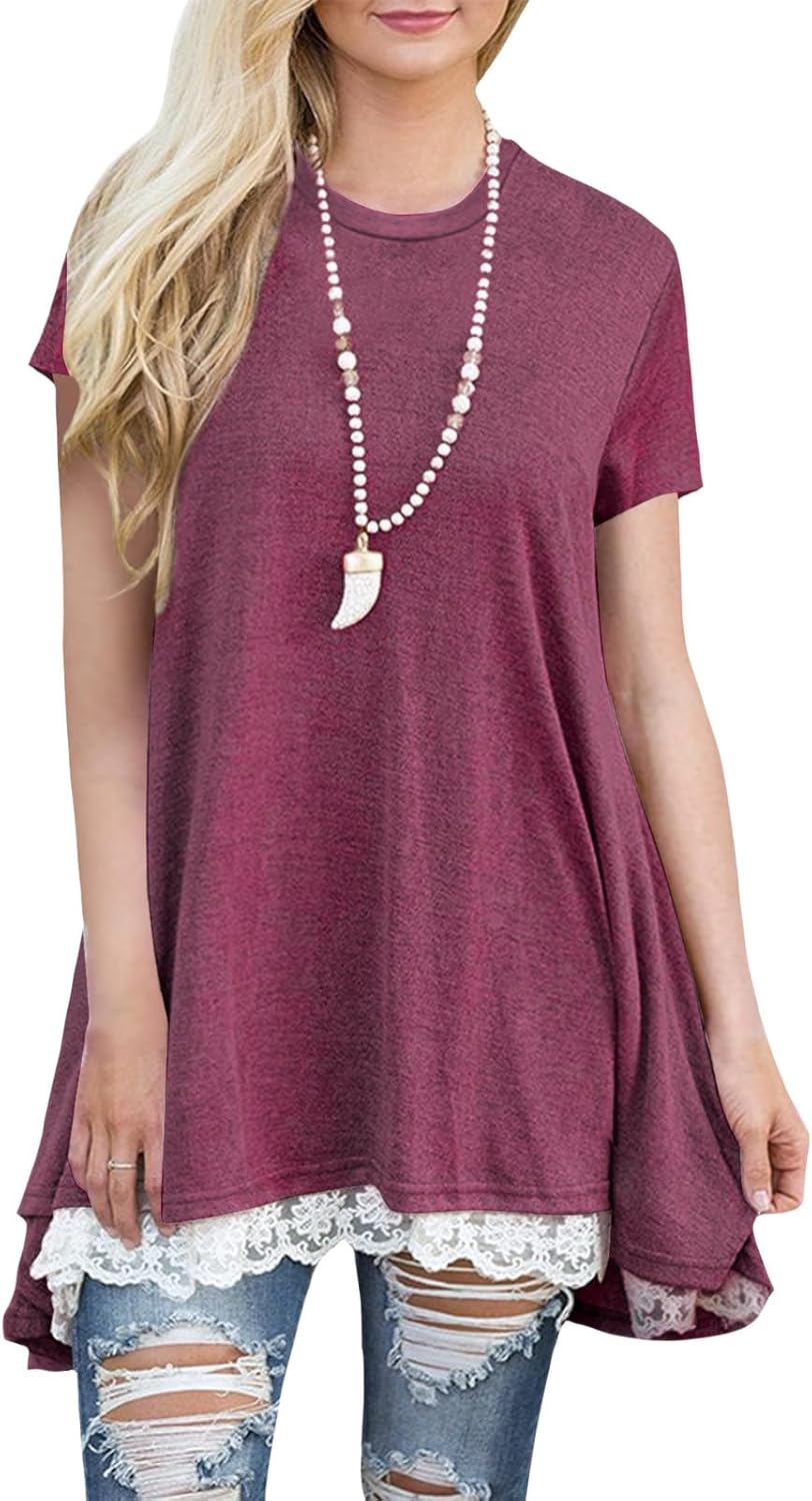 gukoo Lace Trim Short Sleeve Shirt for Women, Swing Tunic Blouse Crew Neck Flowy Flared Tops Trendy 2026 Casual T Shirt