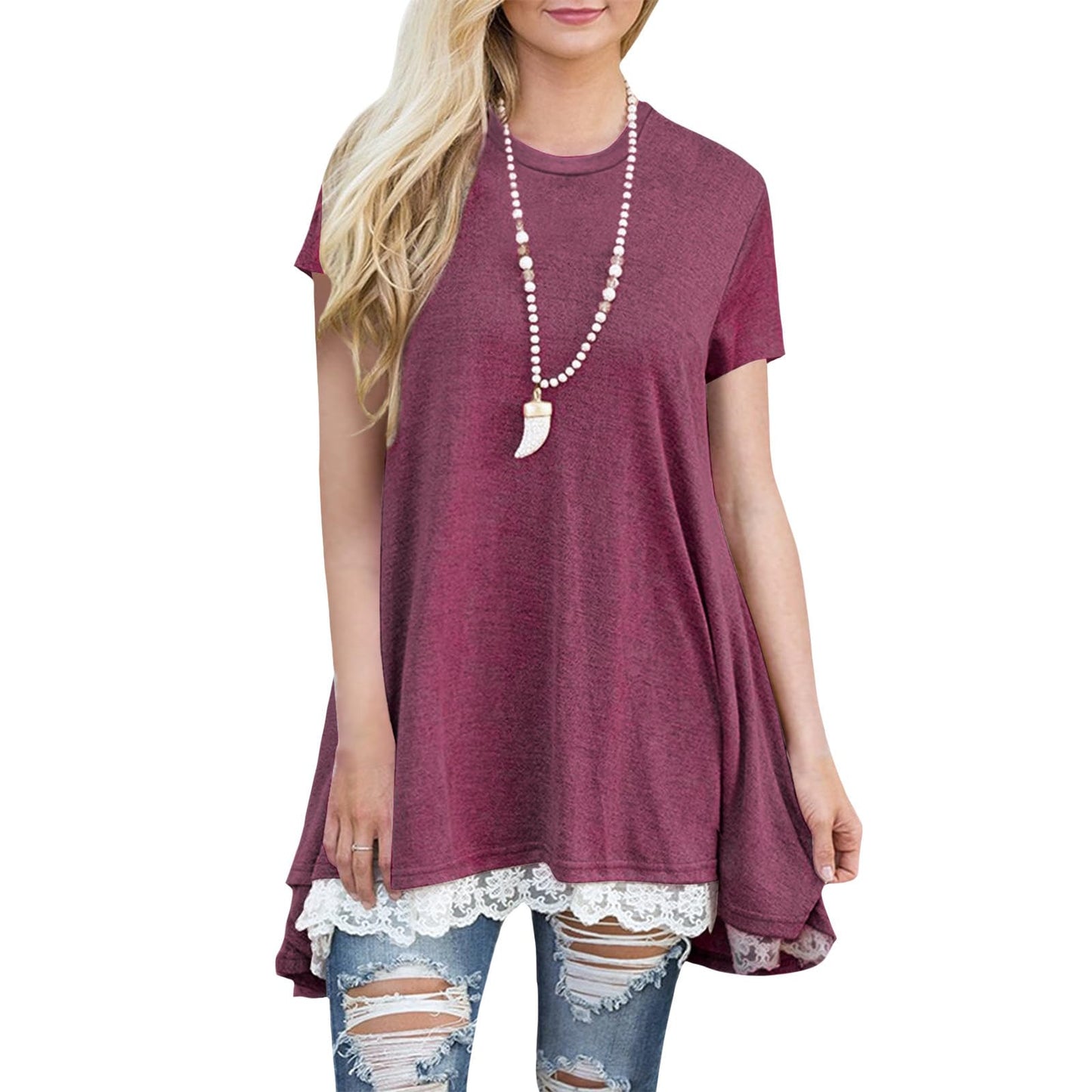 gukoo Lace Trim Short Sleeve Shirt for Women, Swing Tunic Blouse Crew Neck Flowy Flared Tops Trendy 2026 Casual T Shirt