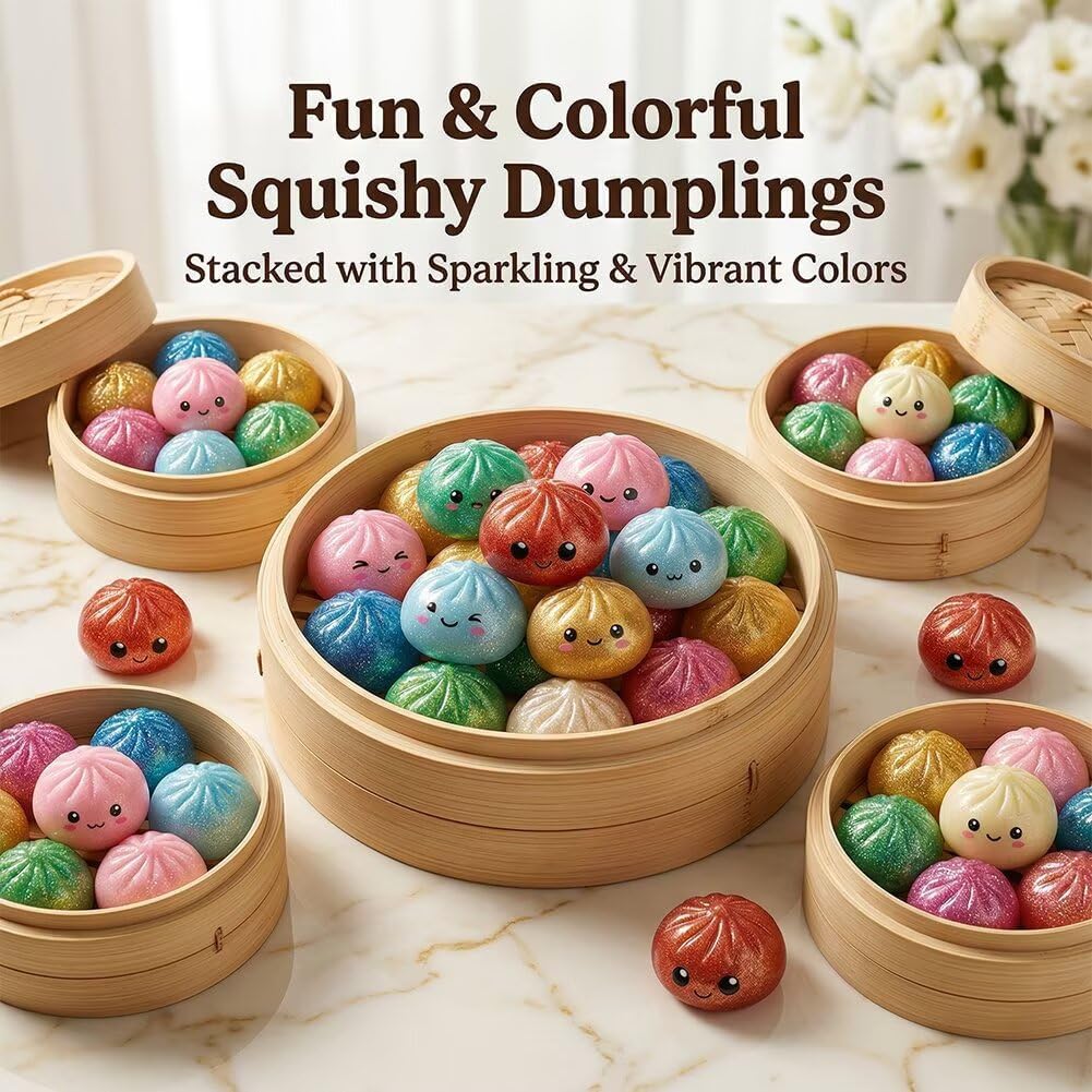 Kribee Dumpling Squishies，Glitter Dumpling Mystery Box，Colorful Dumplings Stress Balls Fidget Sensory Toy， Easter Basket Stuffers ，Squeeze Desk Toys for Stress Relief