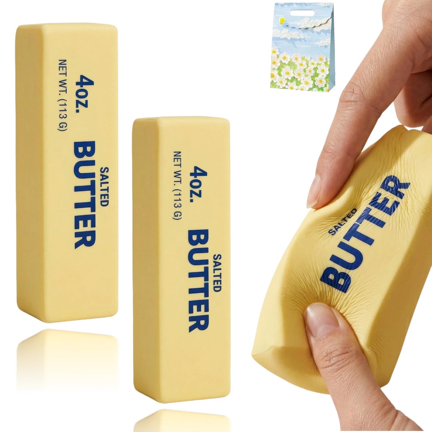 Kribee 14oz Big Butter Squishy, Giant Realistic Butter Squeeze Toys & Mini Squeezy Butter Set, Soft Slow Rising Stress Relief Fidget Toy for Stress Relief Anxiety Sensory Gifts (Yellow 2pcs,4+14oz)