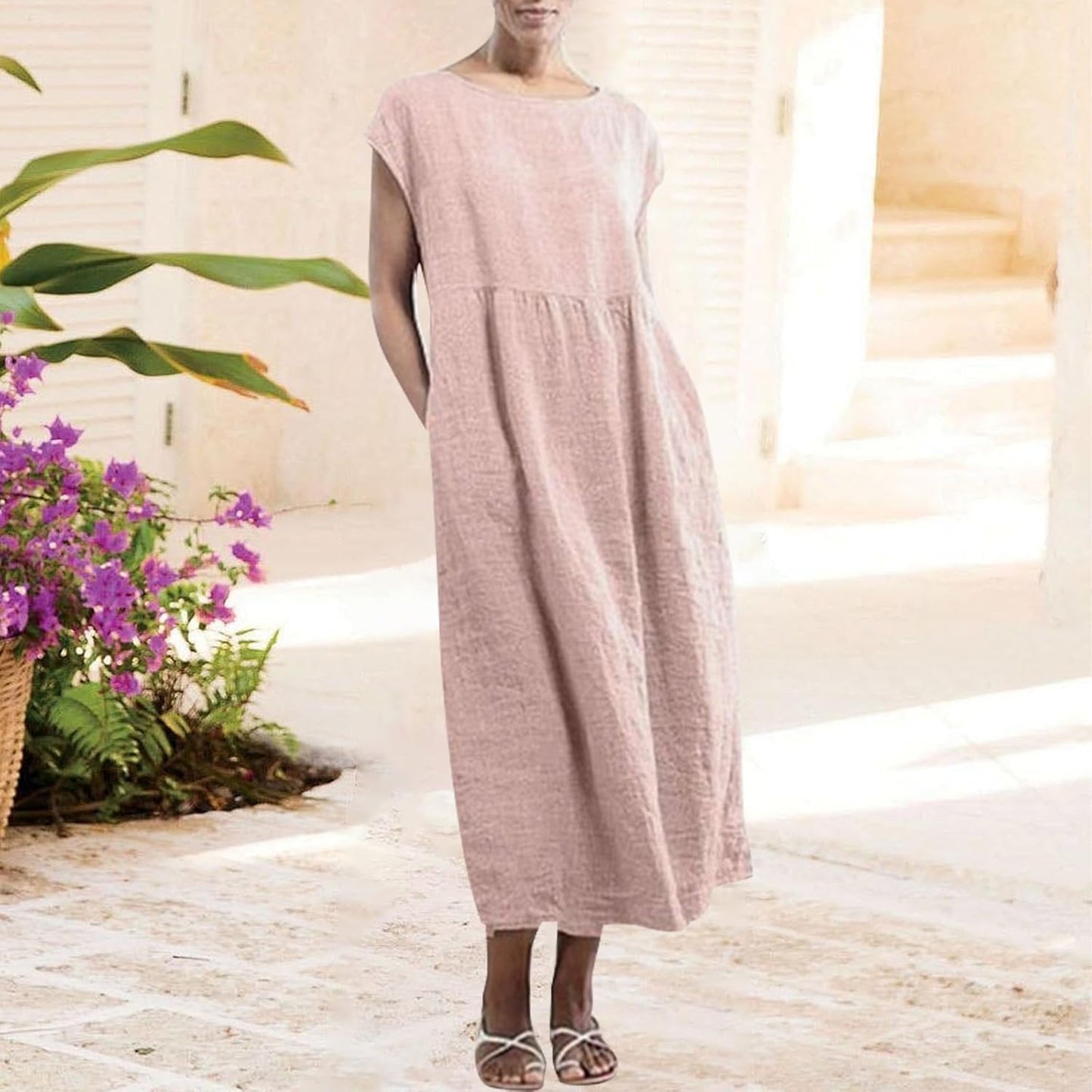 gukoo Cotton Linen Dress for Women Short Sleeve Casual Crew Neck Loose Maxi Summer 2026 Beach Vacation Dress with Pockets