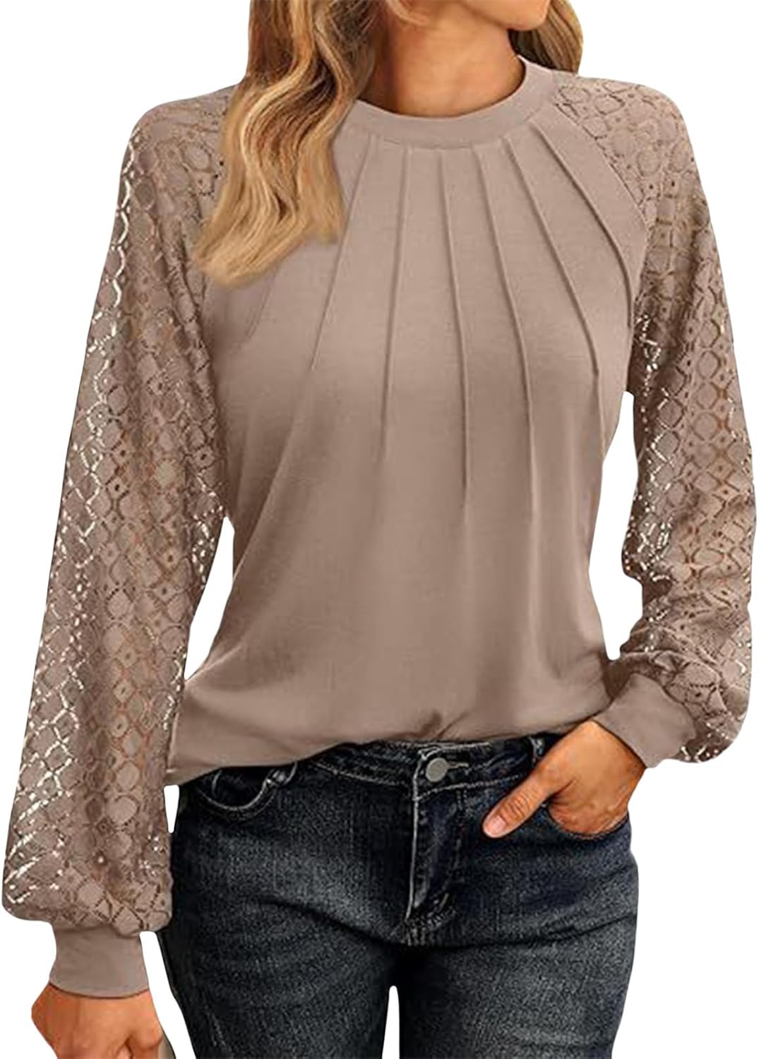 GYMBULL Lace Sleeve Tops for Women Pleated Crew Neck Shirt Dressy Casual Spring Fall Fashion 2026 Trendy Pleated Blouse