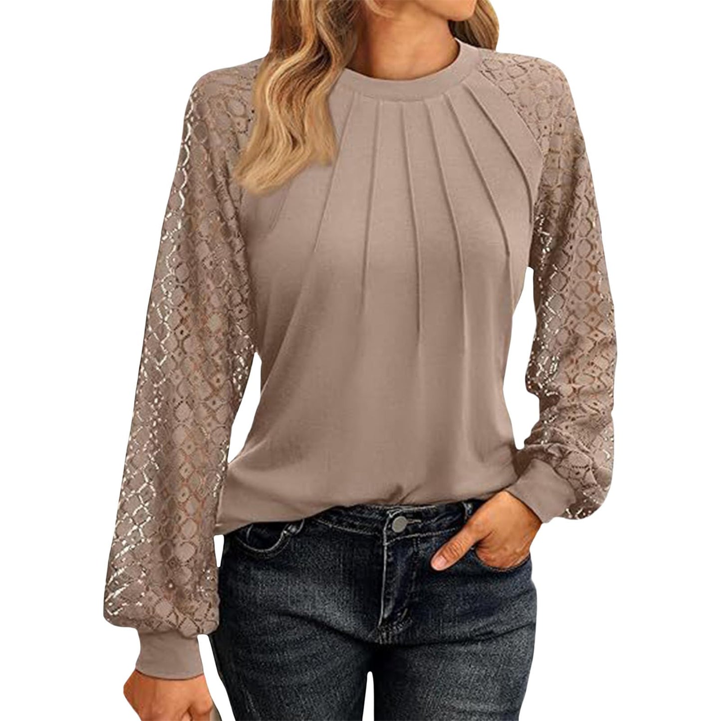 GYMBULL Lace Sleeve Tops for Women Pleated Crew Neck Shirt Dressy Casual Spring Fall Fashion 2026 Trendy Pleated Blouse