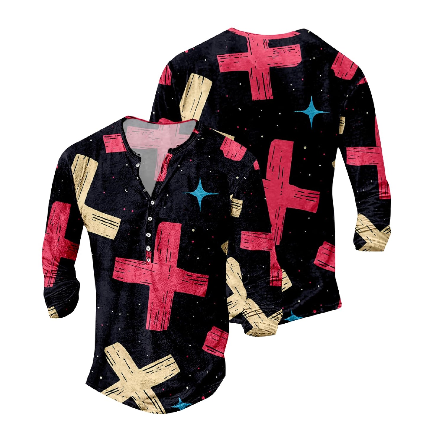 JiffPom Mens Christian Faith Long Sleeves Silky Henley Shirt Cool Jesus Cross Print Casual Button Down Polo Shirts