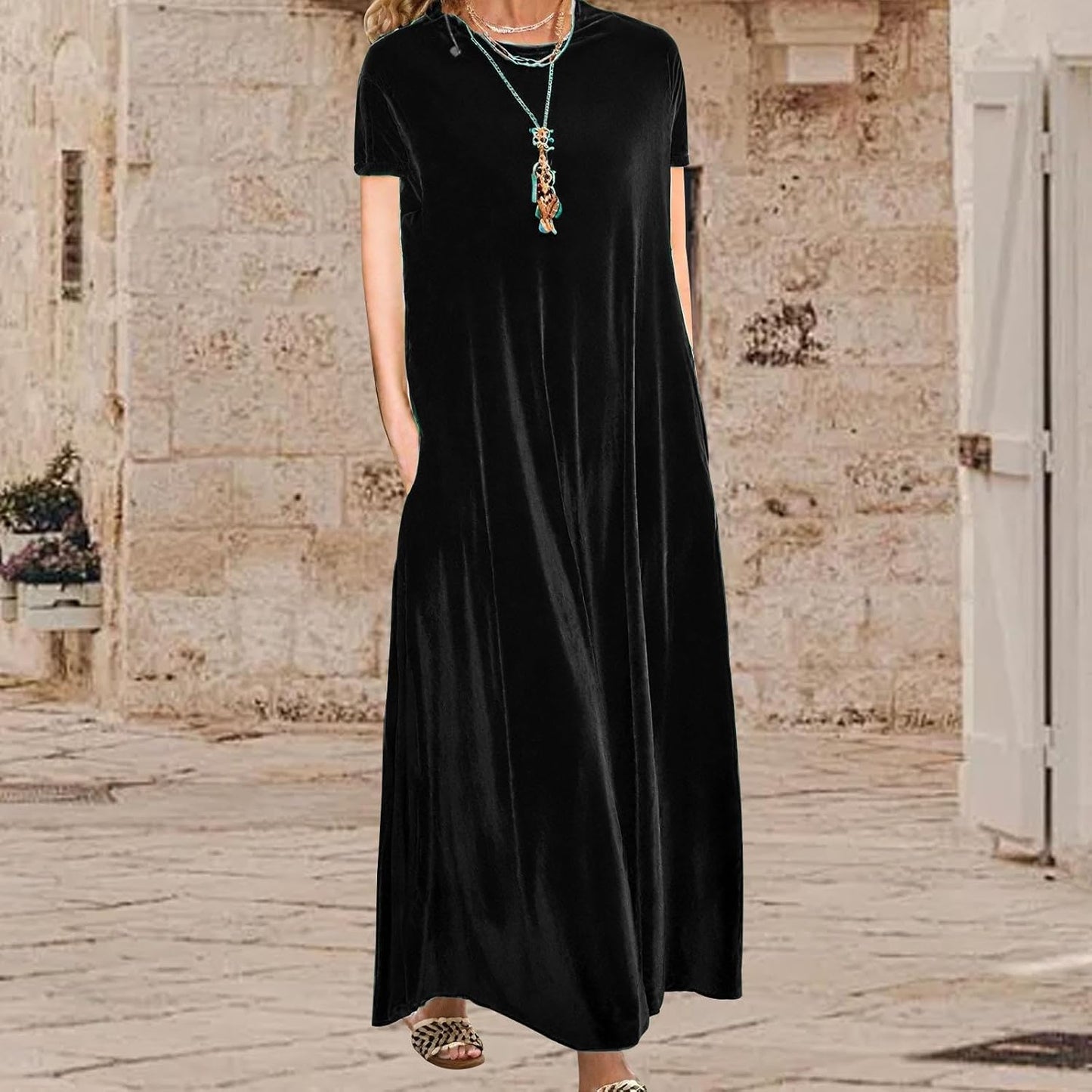 Embryform Velvet Dress for Women Spring Maxi Dress 2026 Plus Size Short Sleeve Velvet Casual Loose Elegant Crew Neck with Pocket