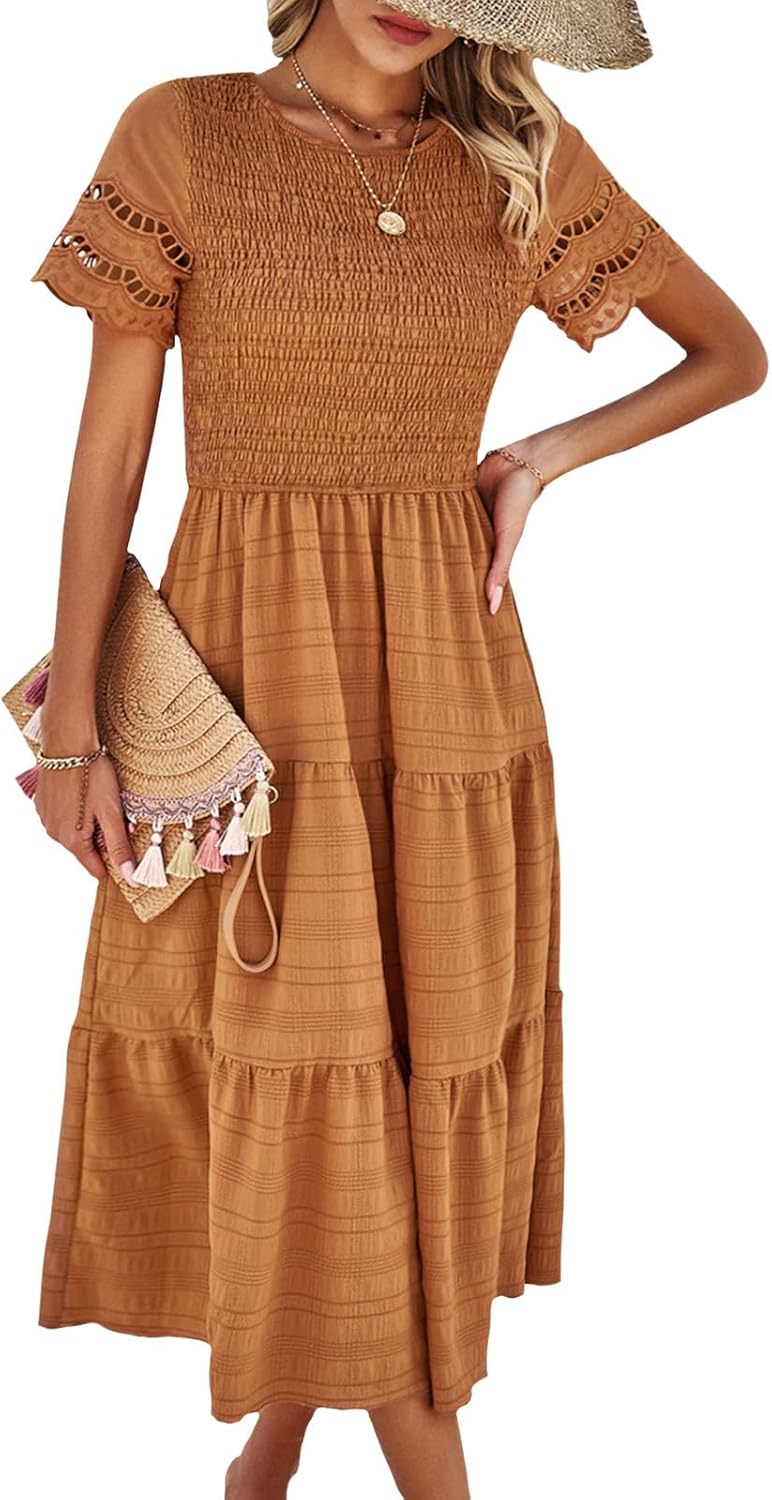 NAILONG Women's Hollow Out Smocked Tiered Ruffle Dress Crew Neck Short Sleeve Flowy Midi Dress Summer A Line Sun Dress