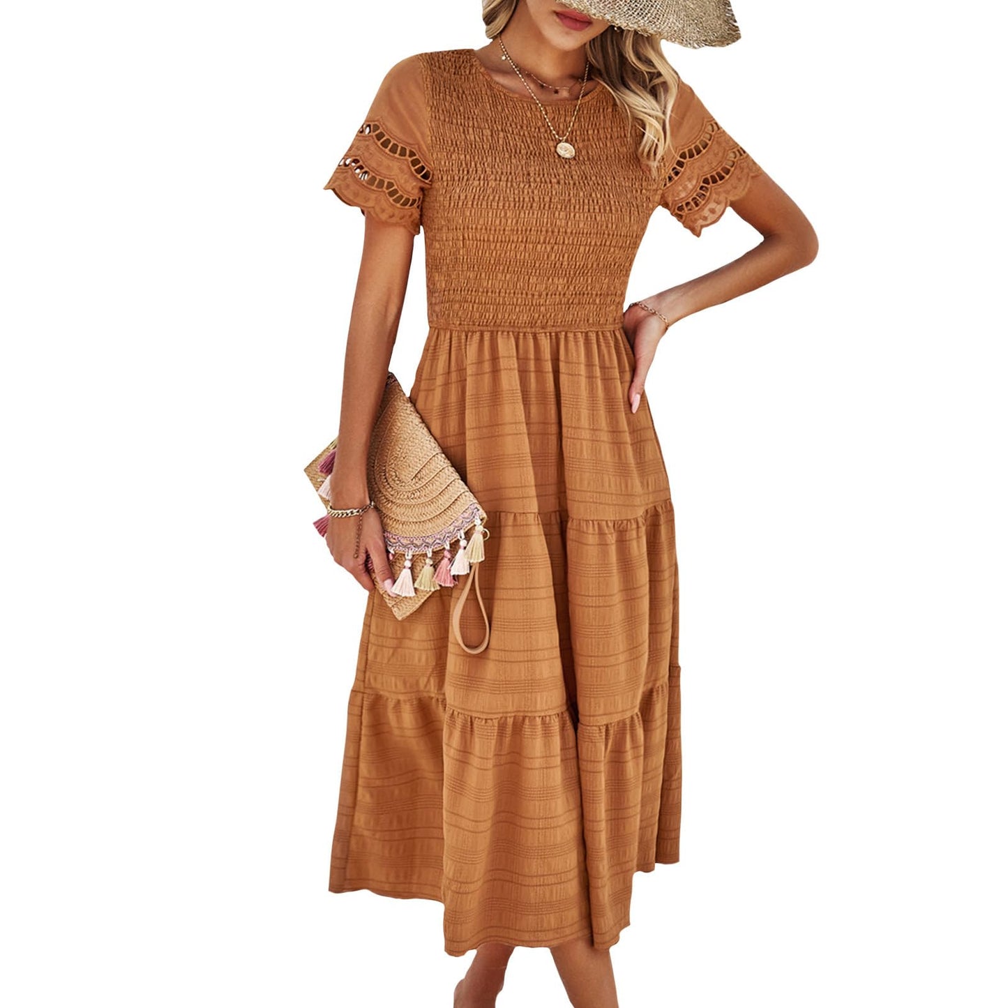 NAILONG Women's Hollow Out Smocked Tiered Ruffle Dress Crew Neck Short Sleeve Flowy Midi Dress Summer A Line Sun Dress
