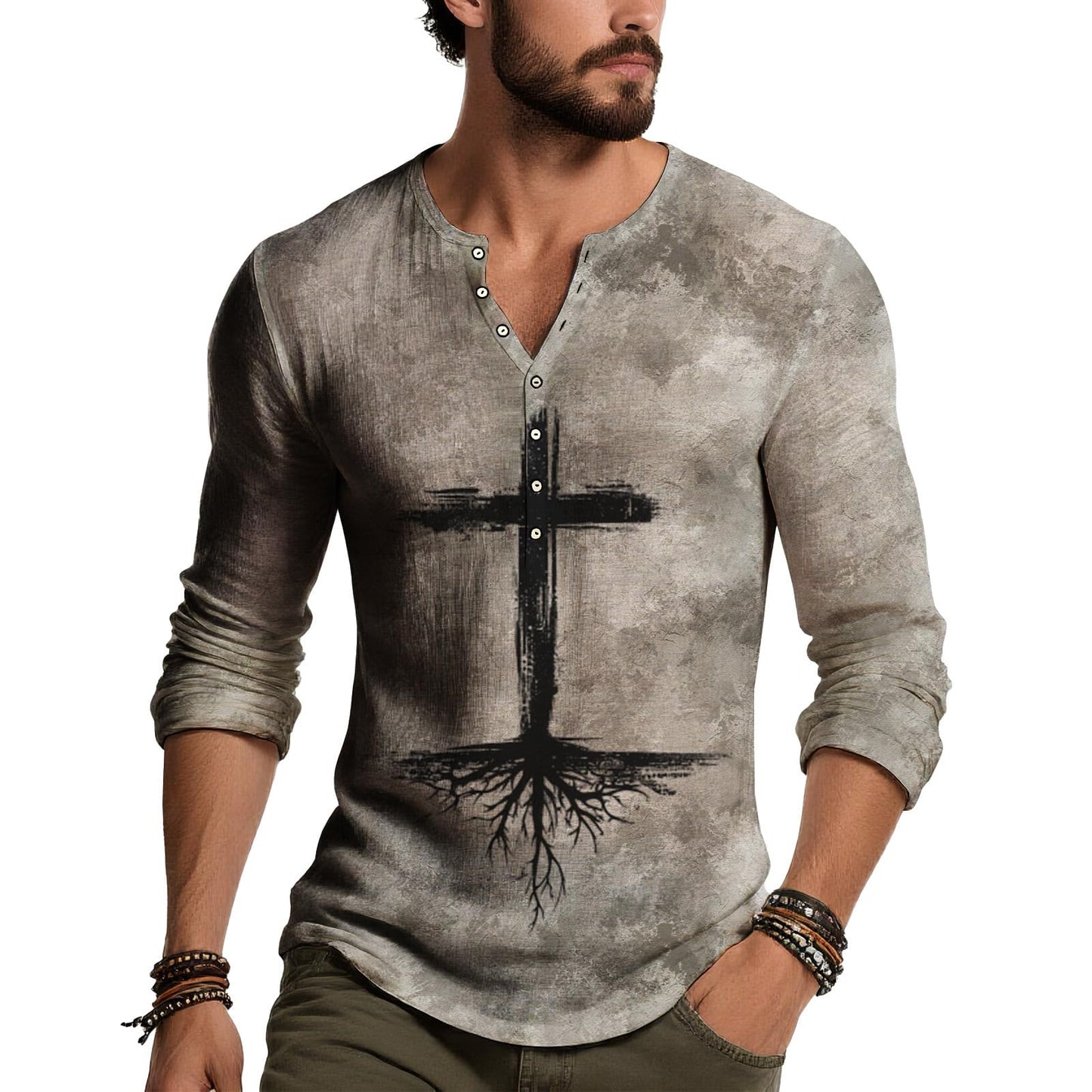 JiffPom Distressed Henley Tshirts for Men Pullover Long Sleeve Button Up T-Shirts Vintage Graphic Tees Washed Streetwear Tops