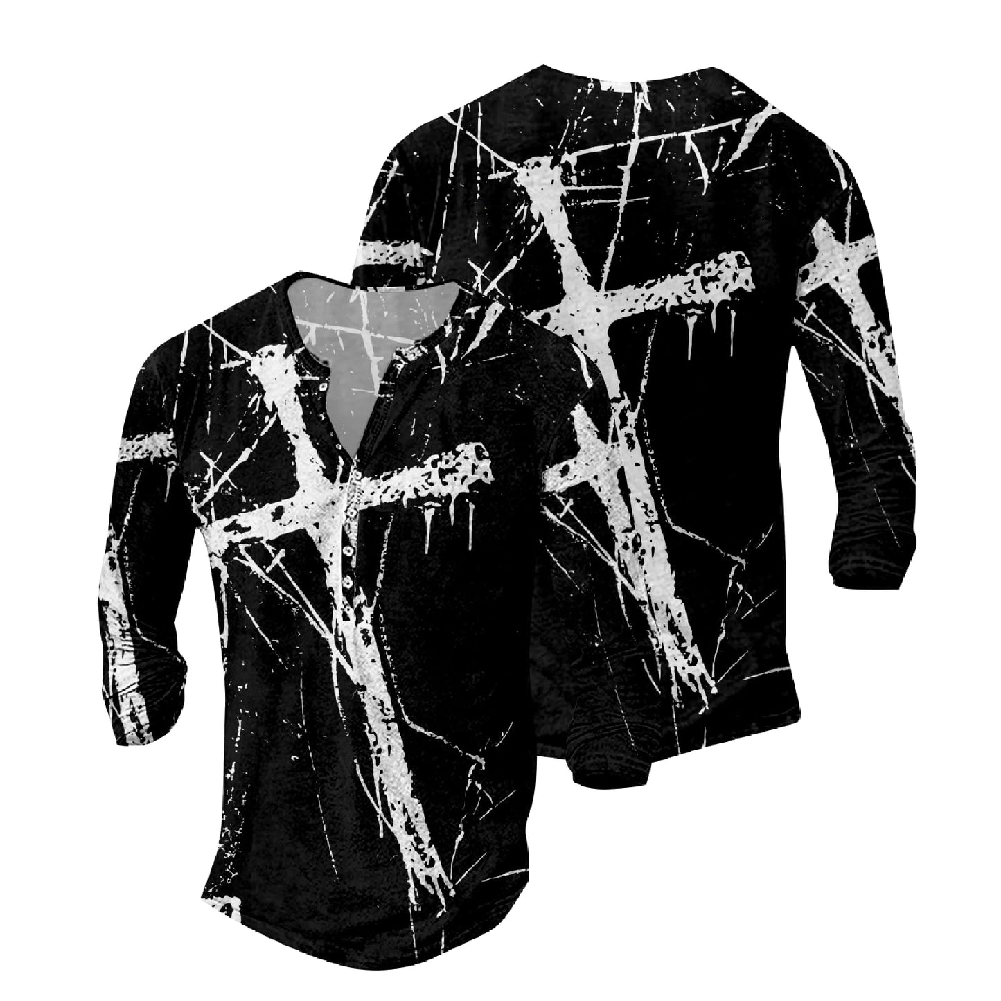 JiffPom Mens Christian Faith Long Sleeves Silky Henley Shirt Cool Jesus Cross Print Casual Button Down Polo Shirts