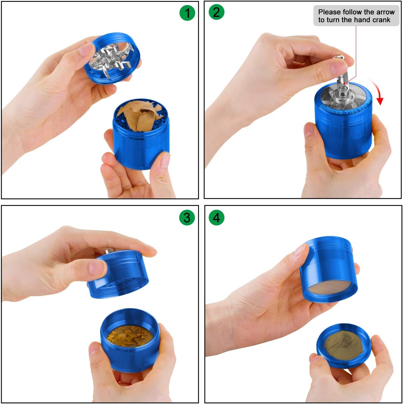 Kribee 2 inch Hand Cranked Spice Grinder with Pollen Scraper Foldable Handle Grinder - 4 Layers Zinc Alloy - Blue