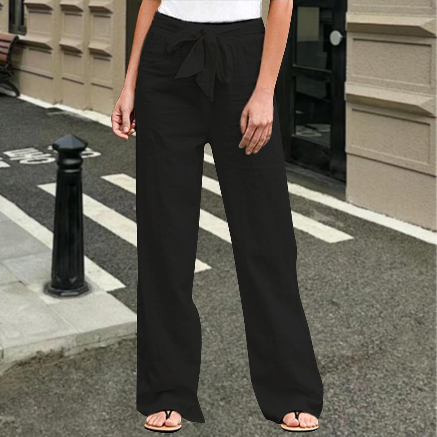 GYMBULL Womens Cotton Linen Summer Pants Tie High Waisted Casual Straight Leg Pants Dressy Palazzo Soft Trousers with Pockets