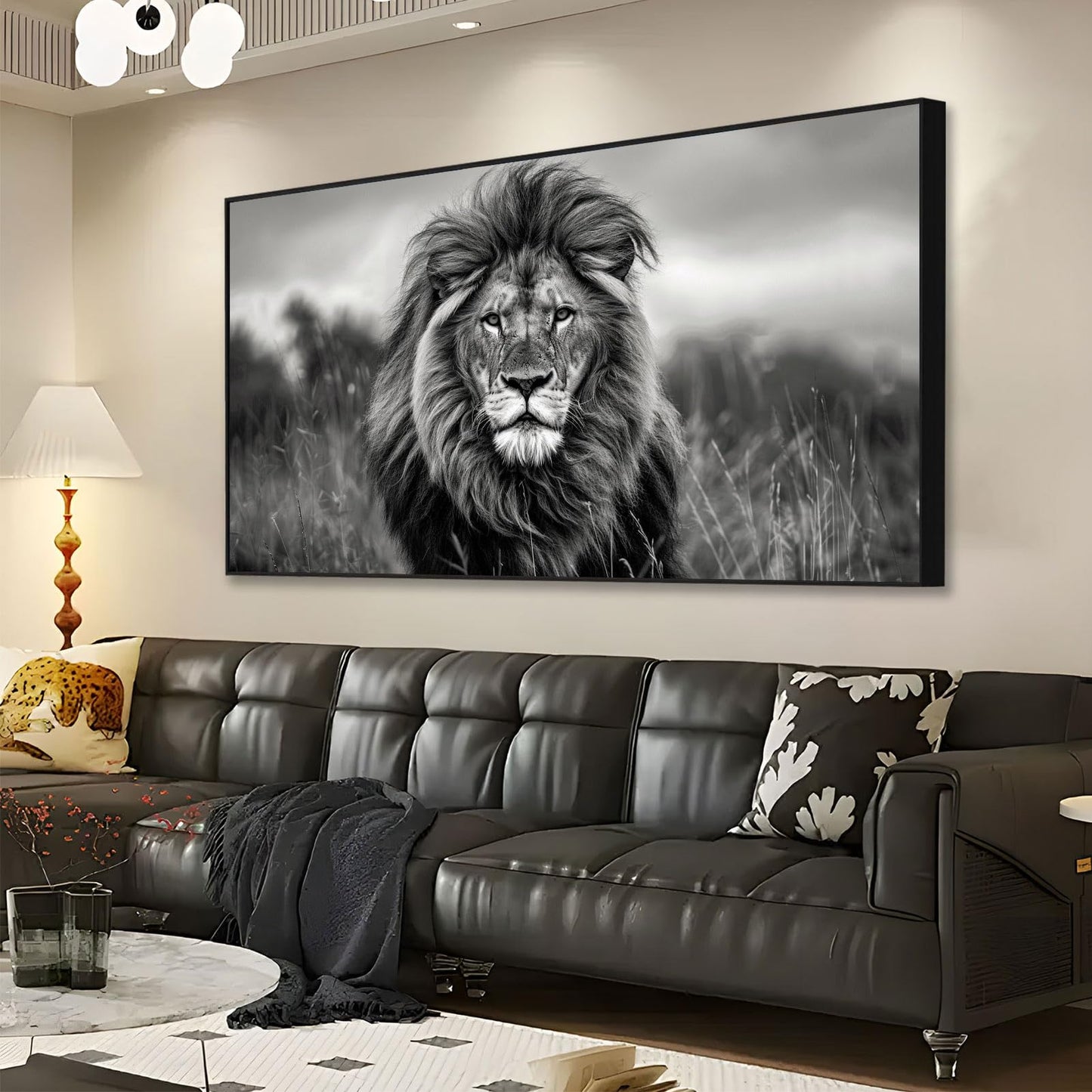 JiffPom Lion Canvas Wall Art, Lion Pictures Wall Decor, African Wildlife Canvas Wall Art, Animal Posters, Black And White Art Prints, Farmhouse Decor, Home Decor Living Room (Black Framed, 48"x27"|122x68cm)