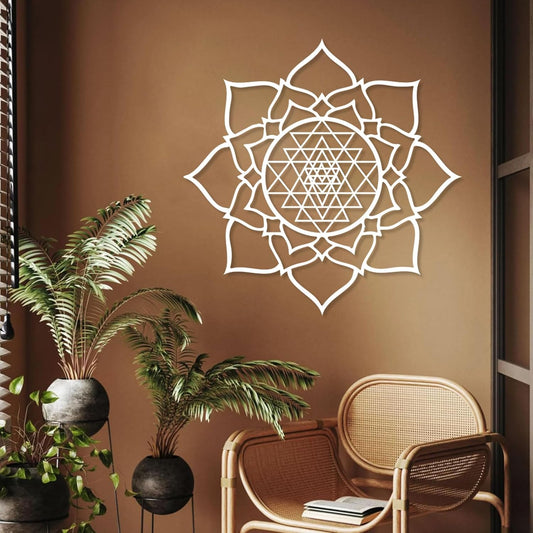 JiffPom Metal Wall Decor, Sacred Geometry Wall Art, Sri Yantra Metal Wall Art, Lotus Wall Decor Metal, Mindfulness Metal Art, Meditation Wall Art, Spiritual Wall Decor, Living Room Wall Decor (39"x39" | 100x100cm, White)