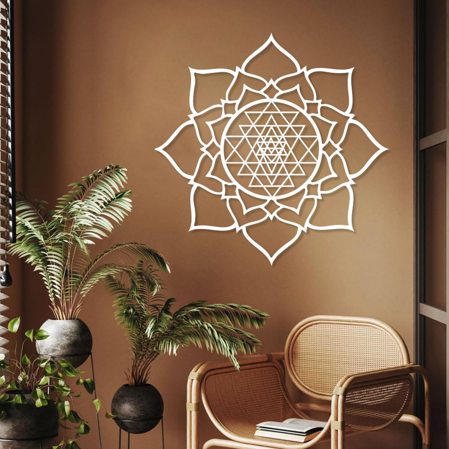 JiffPom Metal Wall Decor, Sacred Geometry Wall Art, Sri Yantra Metal Wall Art, Lotus Wall Decor Metal, Mindfulness Metal Art, Meditation Wall Art, Spiritual Wall Decor, Living Room Wall Decor (39"x39" | 100x100cm, White)
