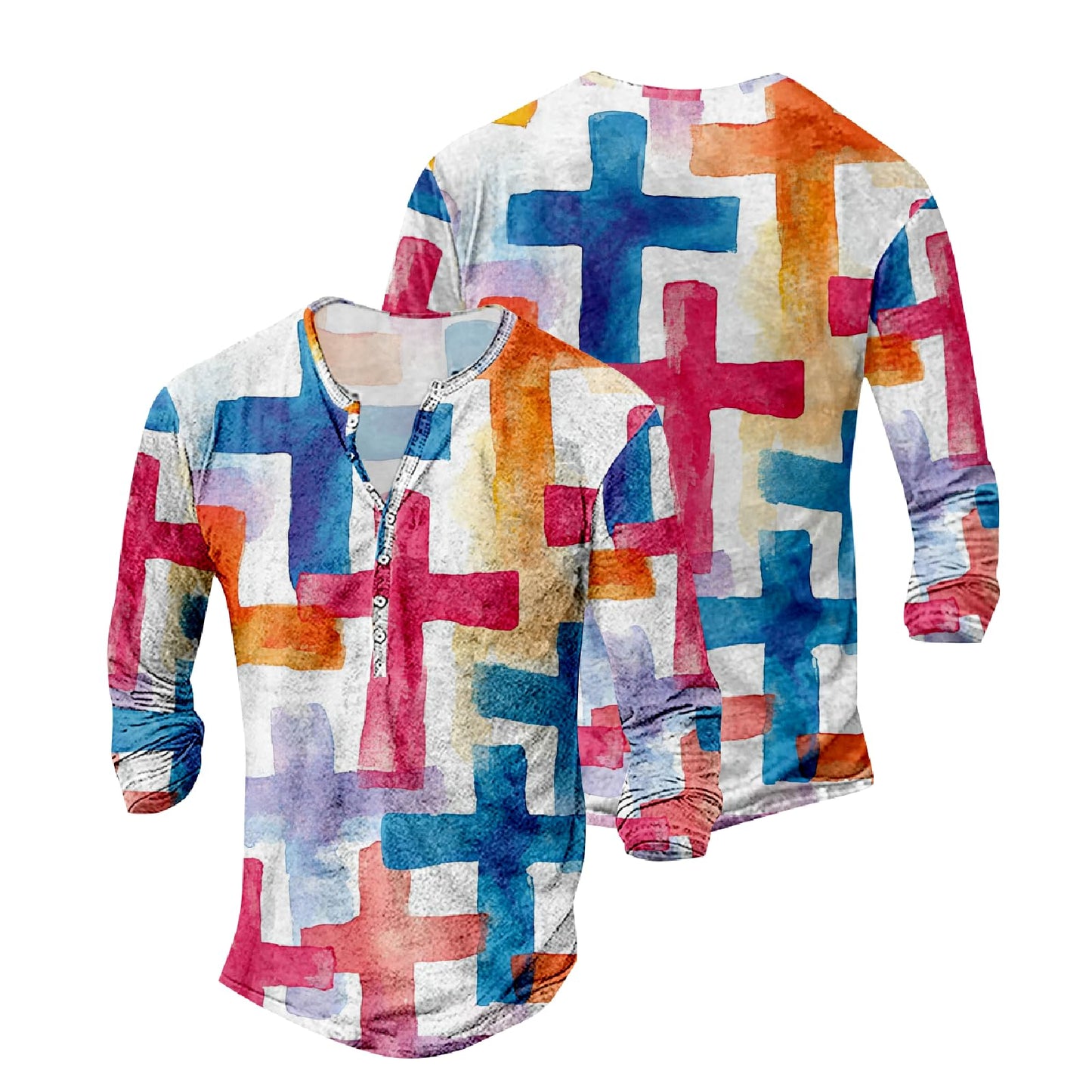 JiffPom Mens Christian Faith Long Sleeves Silky Henley Shirt Cool Jesus Cross Print Casual Button Down Polo Shirts