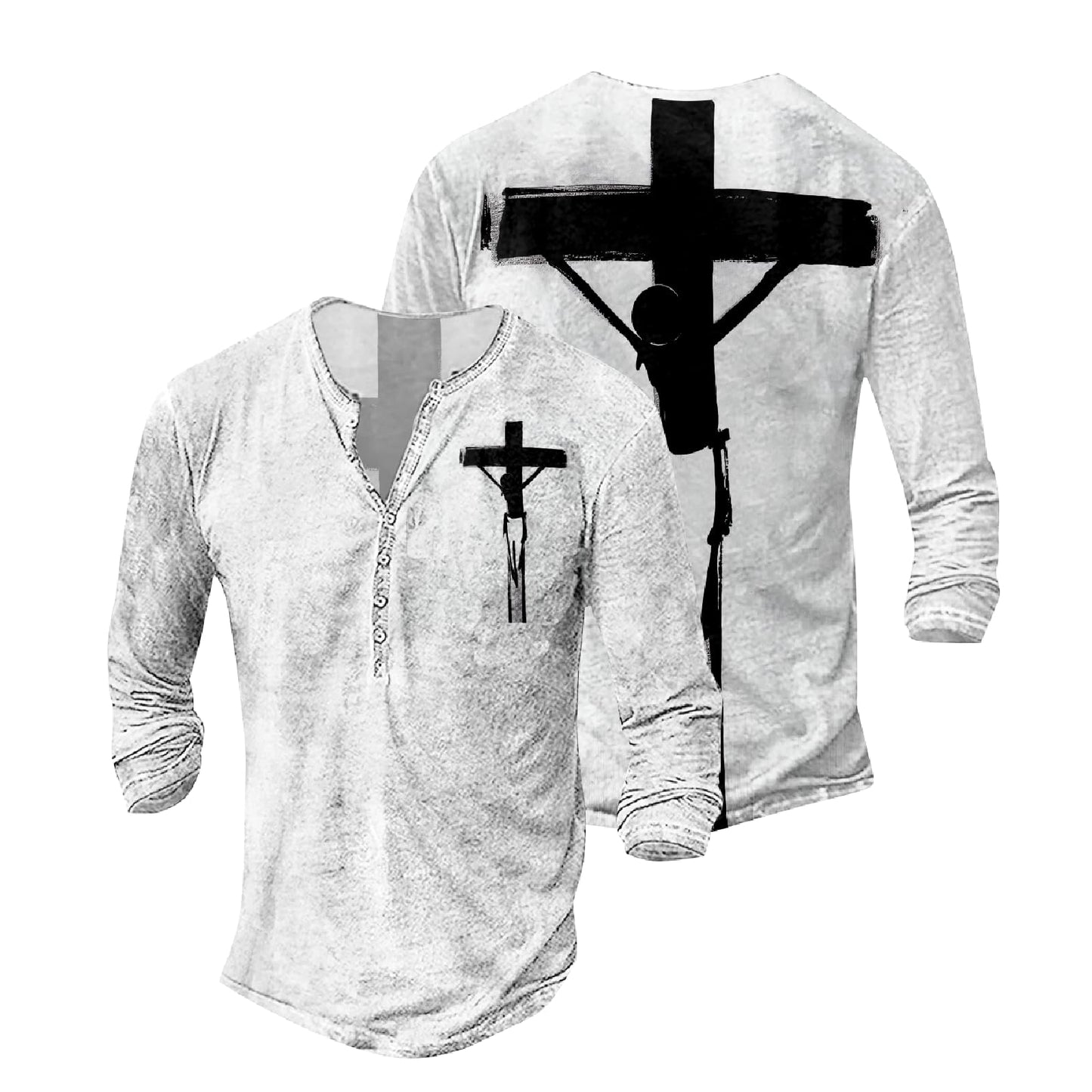 JiffPom Mens Christian Faith Long Sleeves Silky Henley Shirt Cool Jesus Cross Print Casual Button Down Polo Shirts