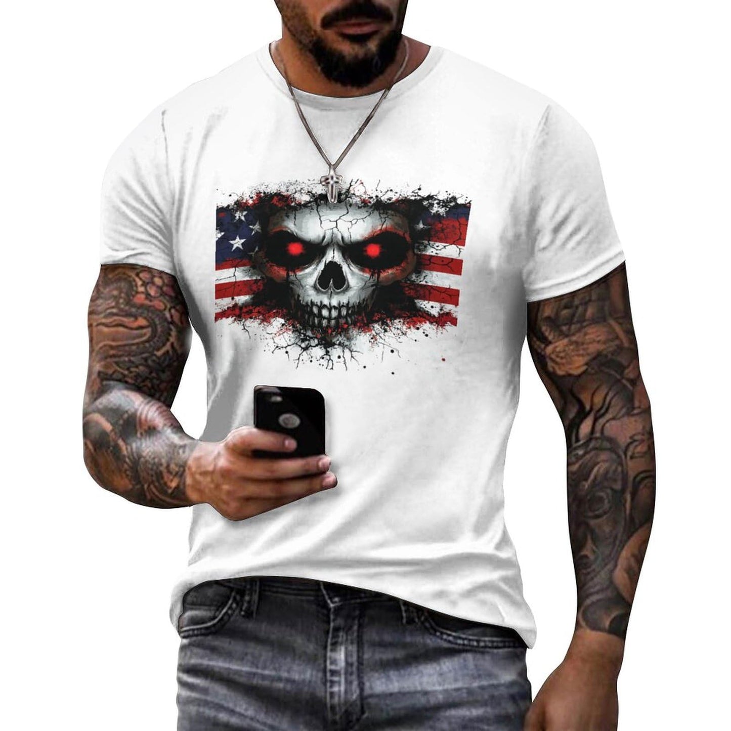 NAVARCH American Flag Shirt for Men Short Sleeve Crewneck Casual Stylish Summer Shirts Graphic Skull Print T-Shirt Tops