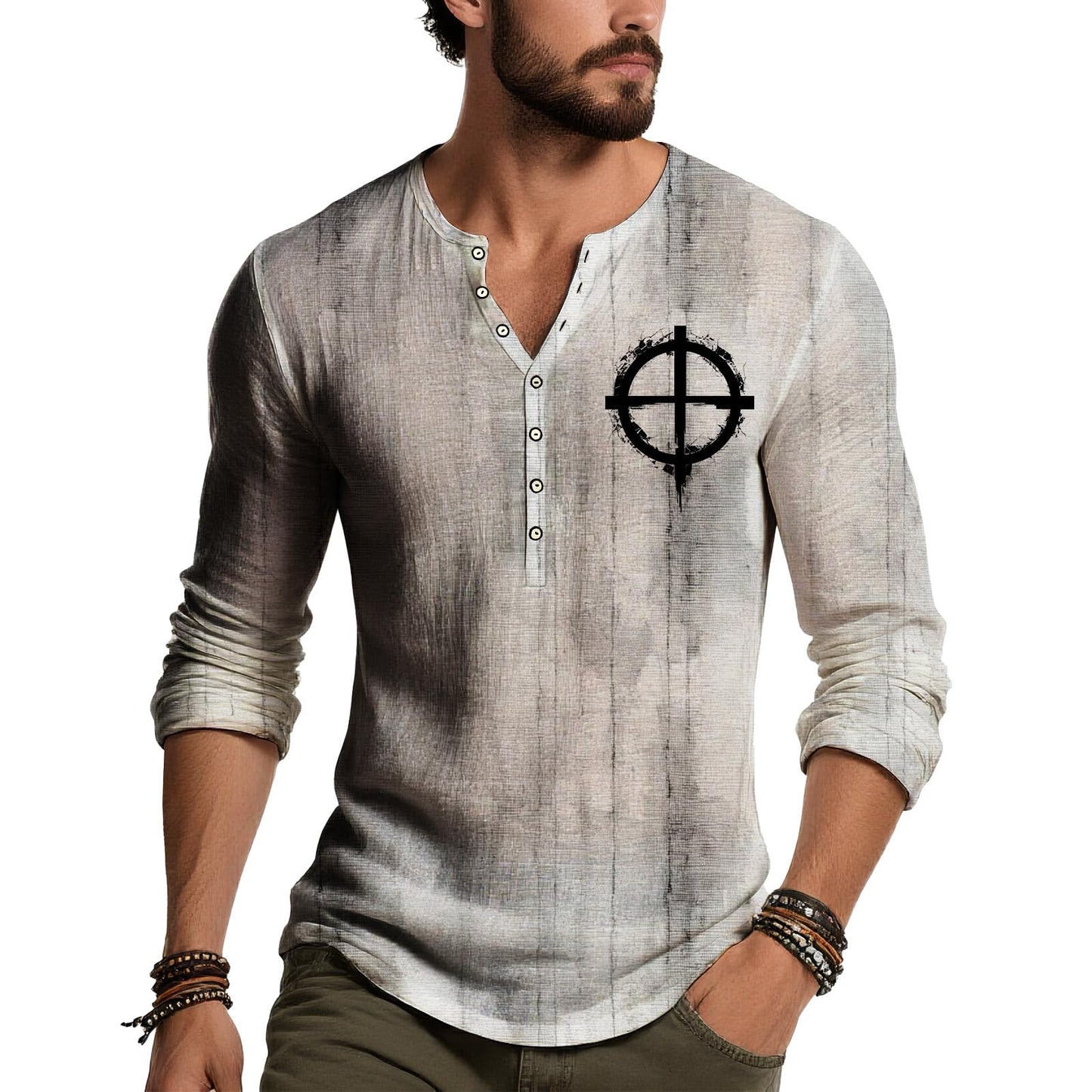 JiffPom Distressed Henley Tshirts for Men Pullover Long Sleeve Button Up T-Shirts Vintage Graphic Tees Washed Streetwear Tops