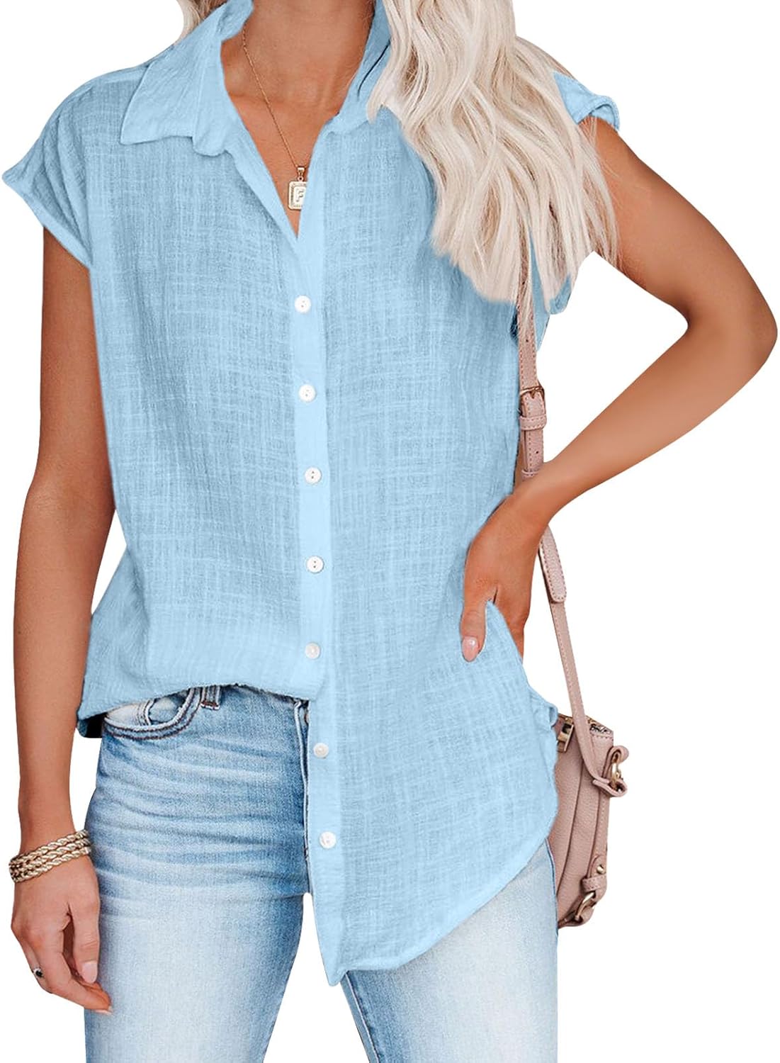 gukoo Tunic Shirts for Women V Neck Business Vintage Lightweight Button Down Sleeveless Casual Summer Workout Tops