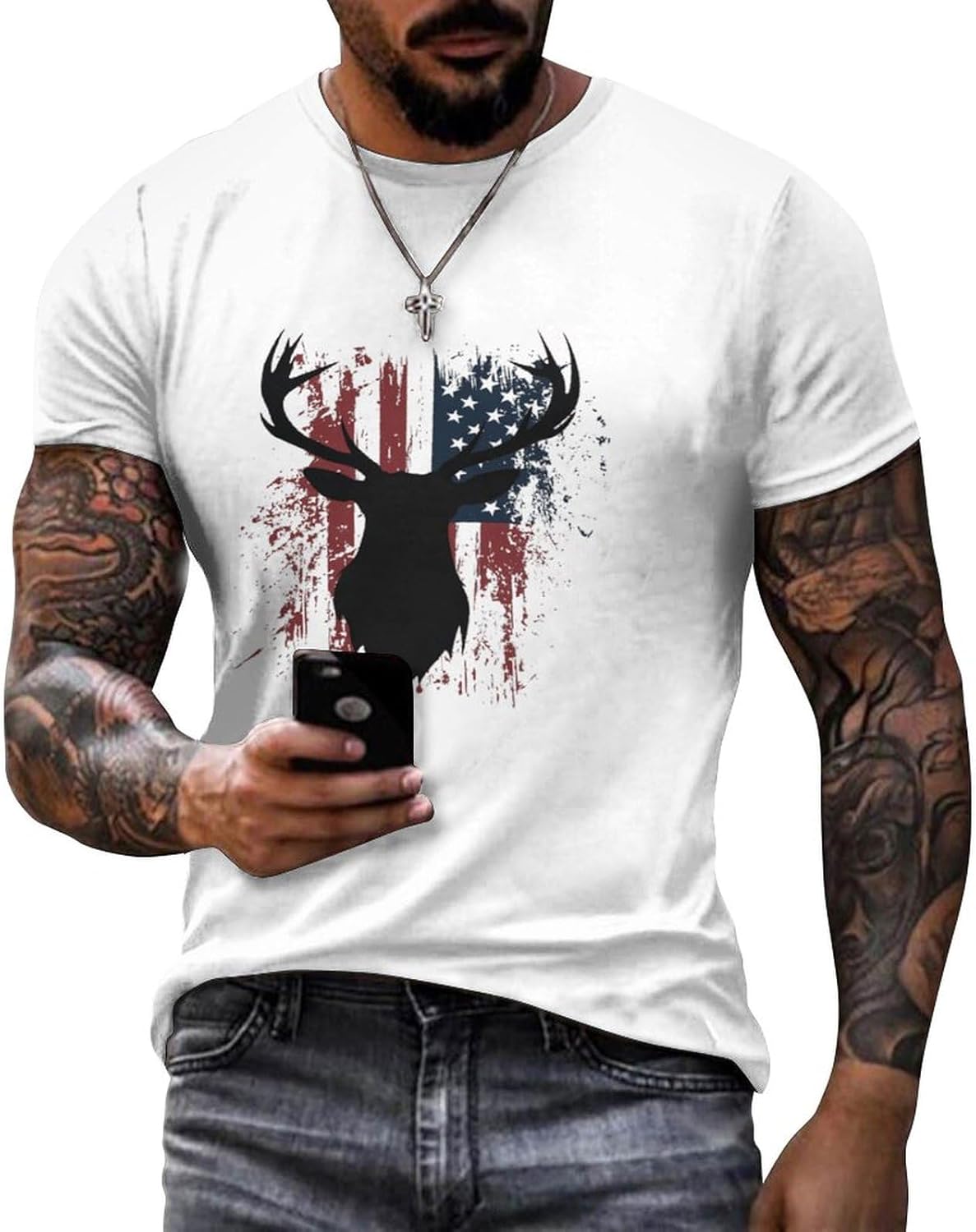 NAVARCH American Flag Shirt for Men Short Sleeve Crewneck Casual Stylish Summer Shirts Graphic Skull Print T-Shirt Tops