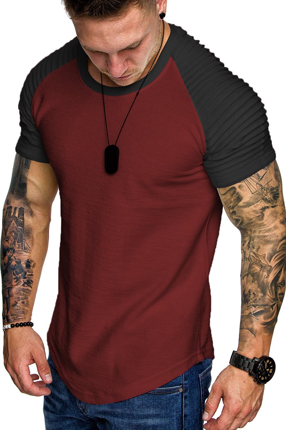 TOFOX Men's Muscle T-Shirt Pleated Raglan Sleeve Bodybuilding Gym Tee Short Sleeve Fashion Workout Shirts Hipster Shirt